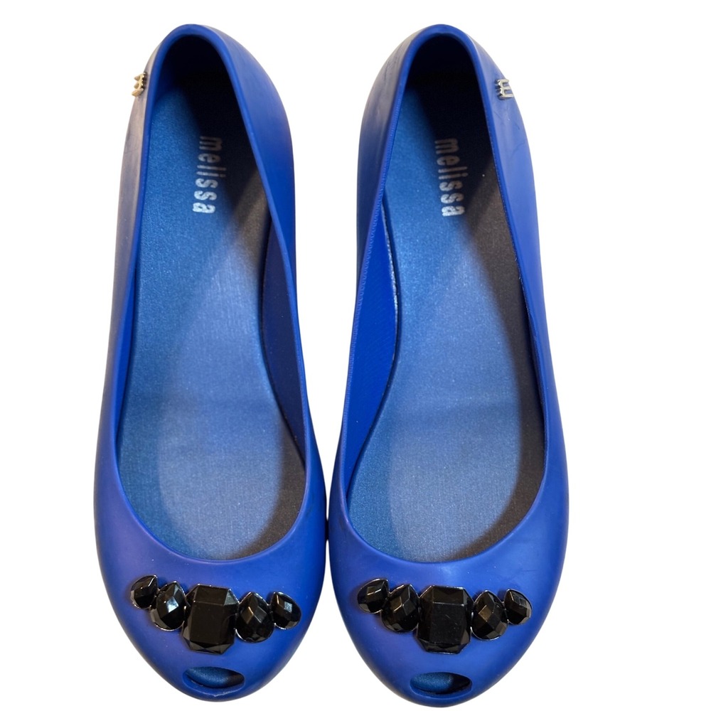 Mini Melissa Girls Blue Jelly Flats w/ Black Gem Accents - US Size 2‎ EUC